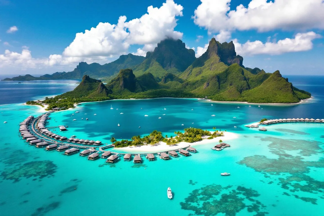 Lagon turquoise, montagnes et bungalows sur pilotis en Polynésie